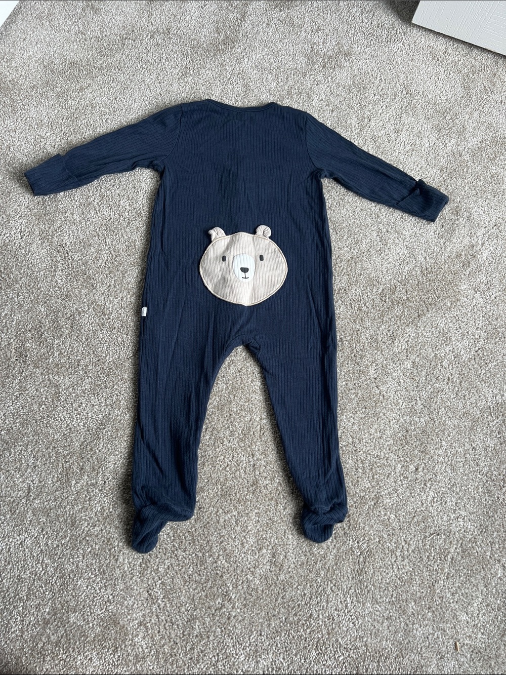 Navy Baby Footed One-Piece with Beige Bear Applique Bottom